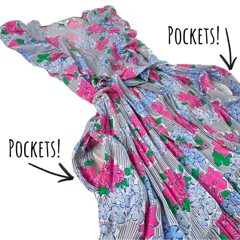 crown & ivy Dress Women's Hello Spring Flutter Sleeve Floral Midi Pink Blue 2 XS - Picture 8 of 17